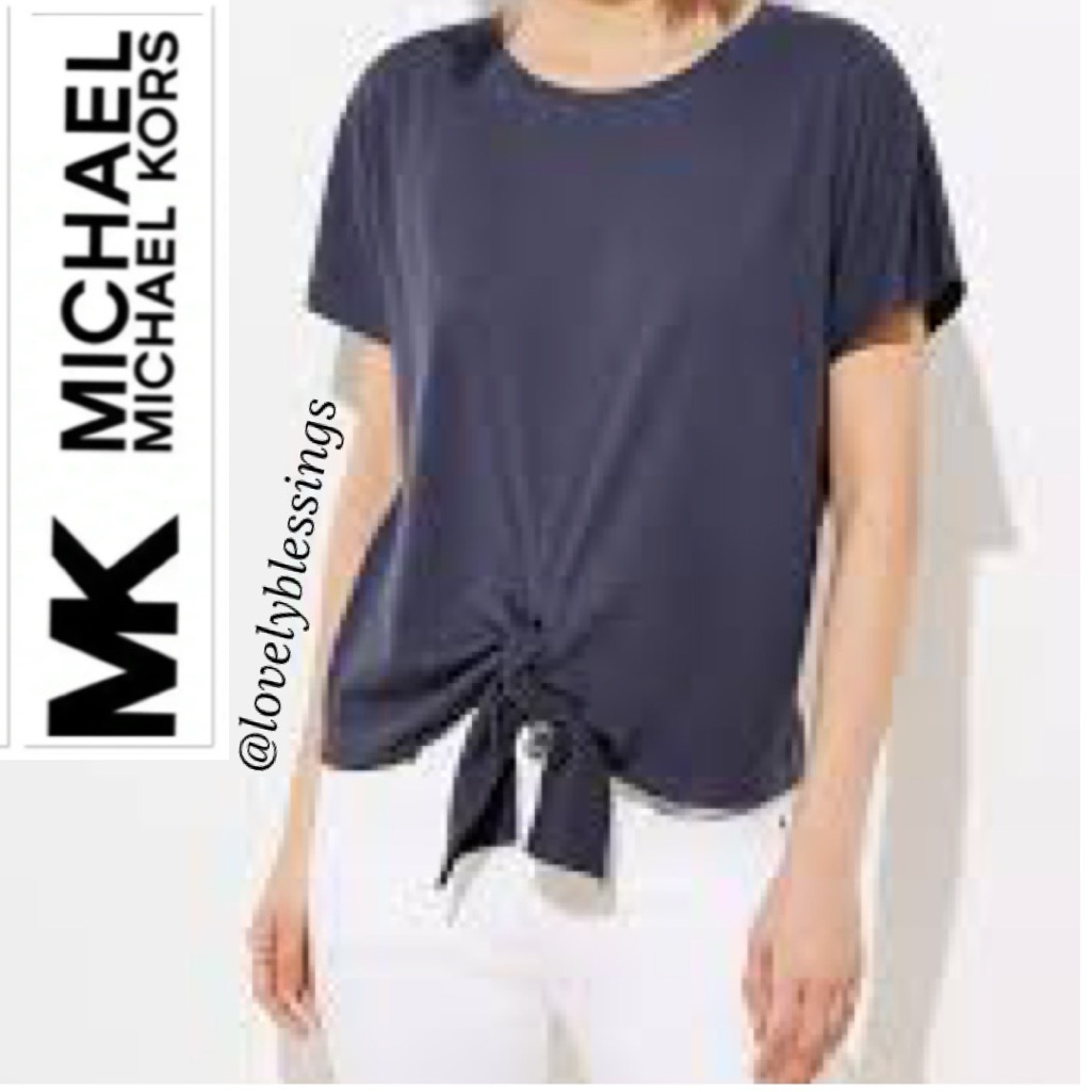 Michael Kors Short Sleeve Tie Front Waist Women’s Top Navy Blue Comfort Fabric